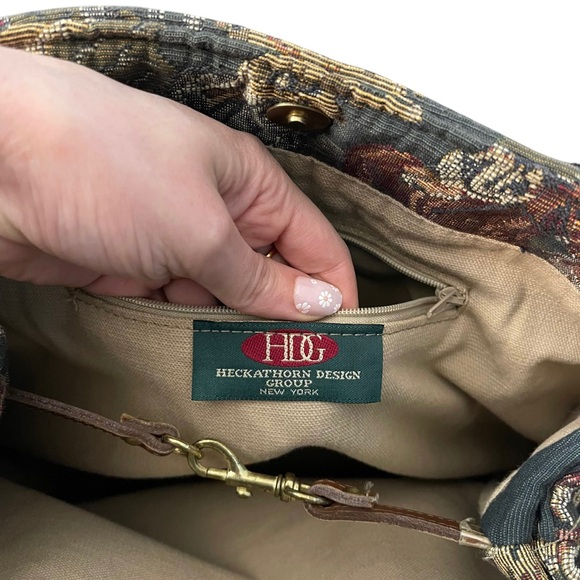 Vintage 90s HDG Green Horse Derby Tapestry Tote Shoulder Bag - Picture 9 of 9